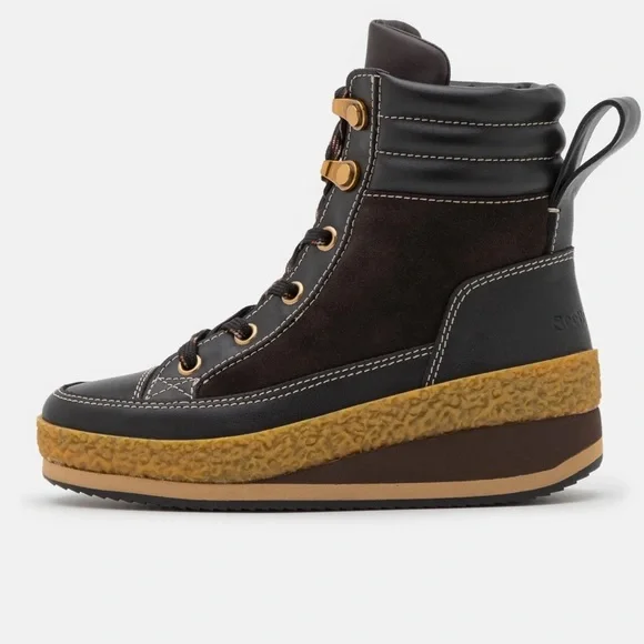 See By Chloé Women's Black and Brown Wedge Lace-Up Boots NWOT Size 37 - Picture 3 of 9